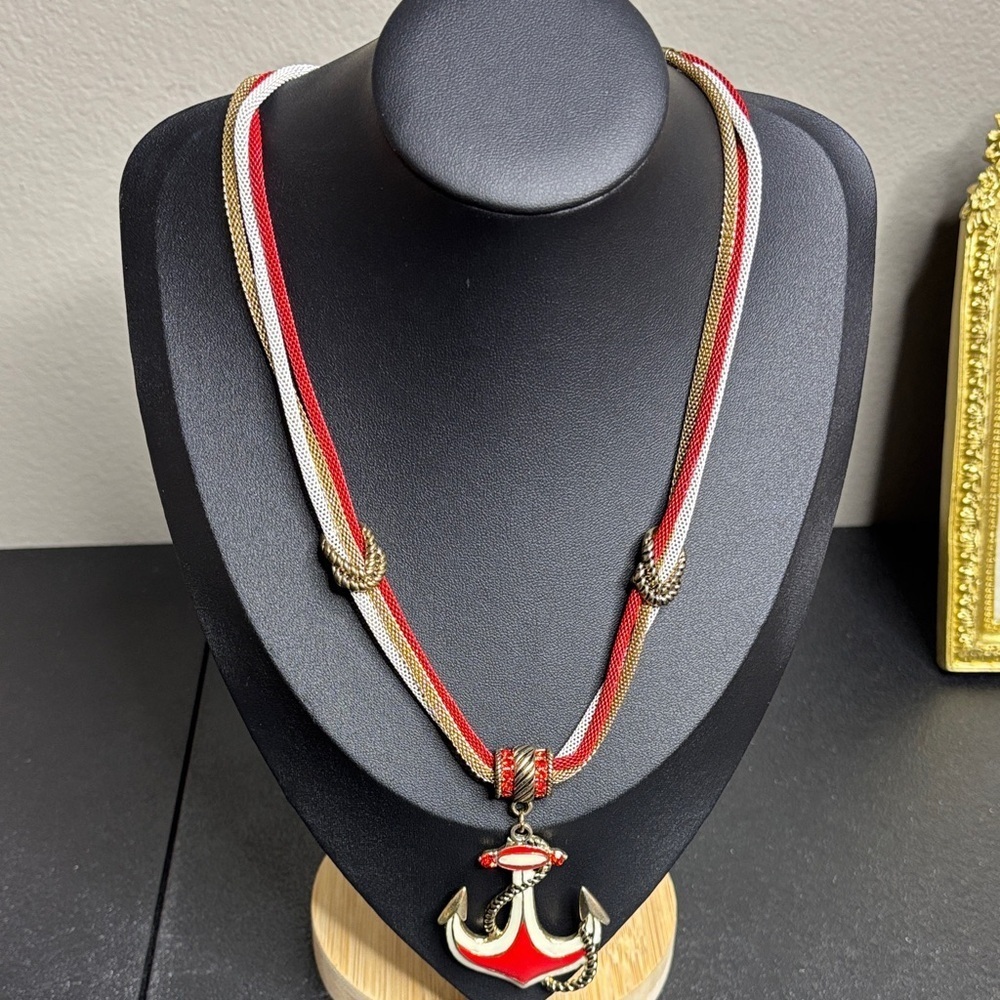 Nautical Anchor Enamel Rhinestone Mesh Layered Necklace Cruise Resortwear